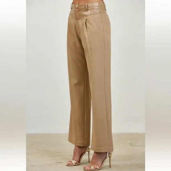 A48. Tan Faux Leather Belted Vest & Pants Set - Picture 7 of 8